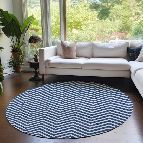 8' Blue And Ivory Round Chevron Washable Indoor Outdoor Area Rug Photo 8