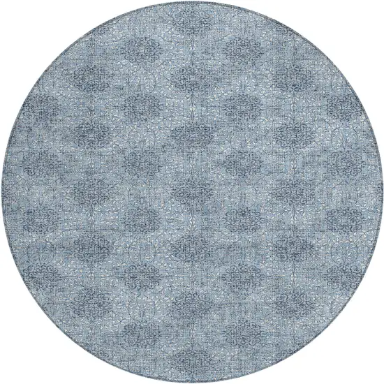 8' Blue And Ivory Round Damask Washable Indoor Outdoor Area Rug Photo 1