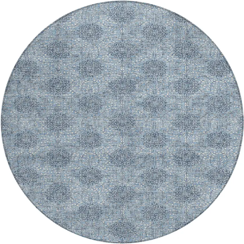 8' Blue And Ivory Round Damask Washable Indoor Outdoor Area Rug Photo 1