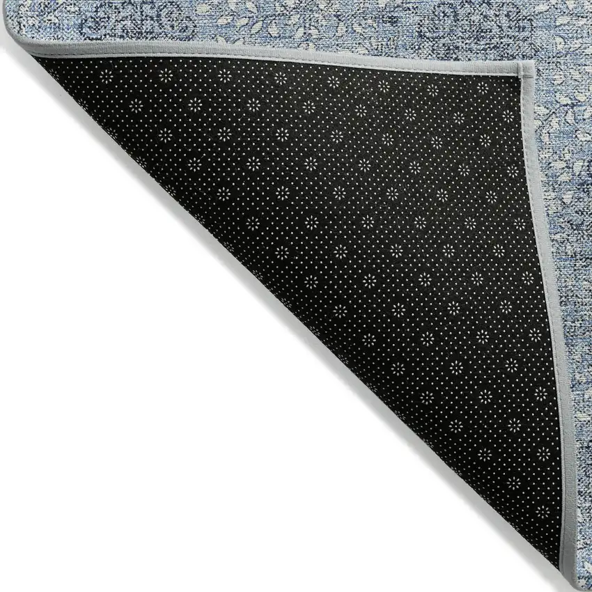 8' Blue And Ivory Round Damask Washable Indoor Outdoor Area Rug Photo 8