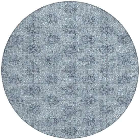 8' Blue And Ivory Round Damask Washable Indoor Outdoor Area Rug Photo 3