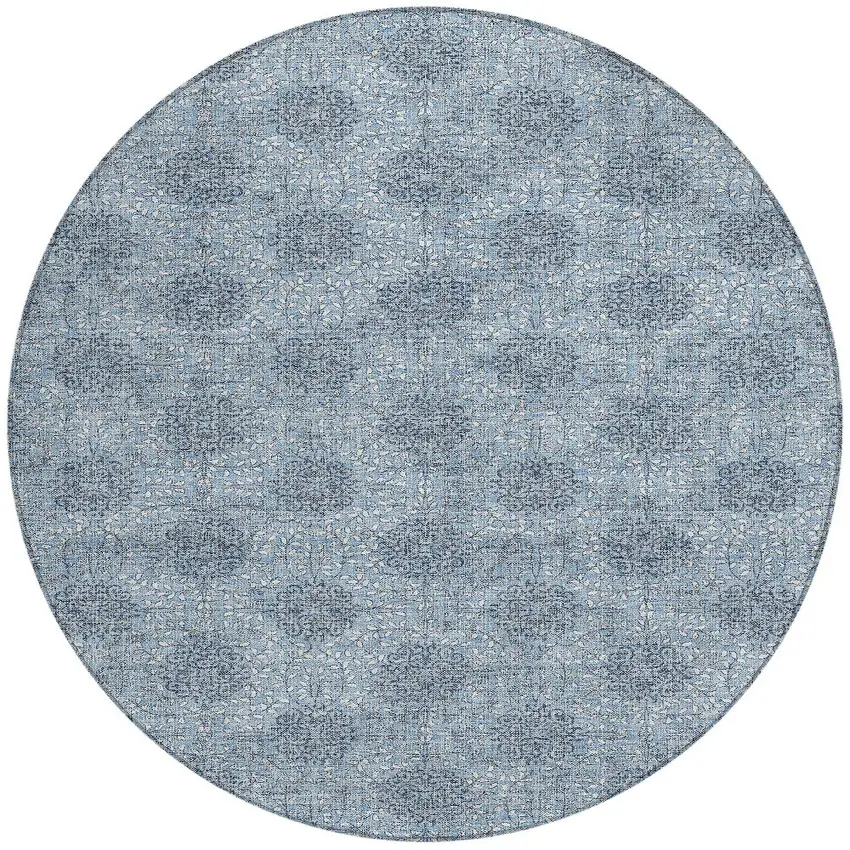 8' Blue And Ivory Round Damask Washable Indoor Outdoor Area Rug Photo 3