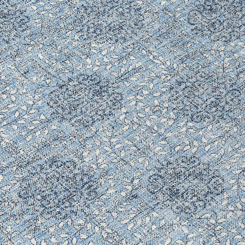 8' Blue And Ivory Round Damask Washable Indoor Outdoor Area Rug Photo 9