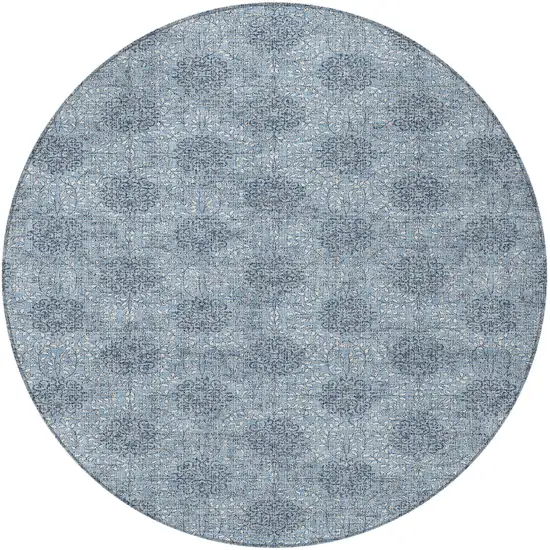 8' Blue And Ivory Round Damask Washable Indoor Outdoor Area Rug Photo 4