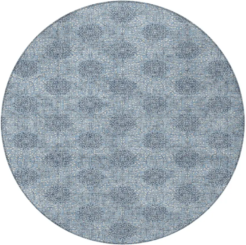 8' Blue And Ivory Round Damask Washable Indoor Outdoor Area Rug Photo 4