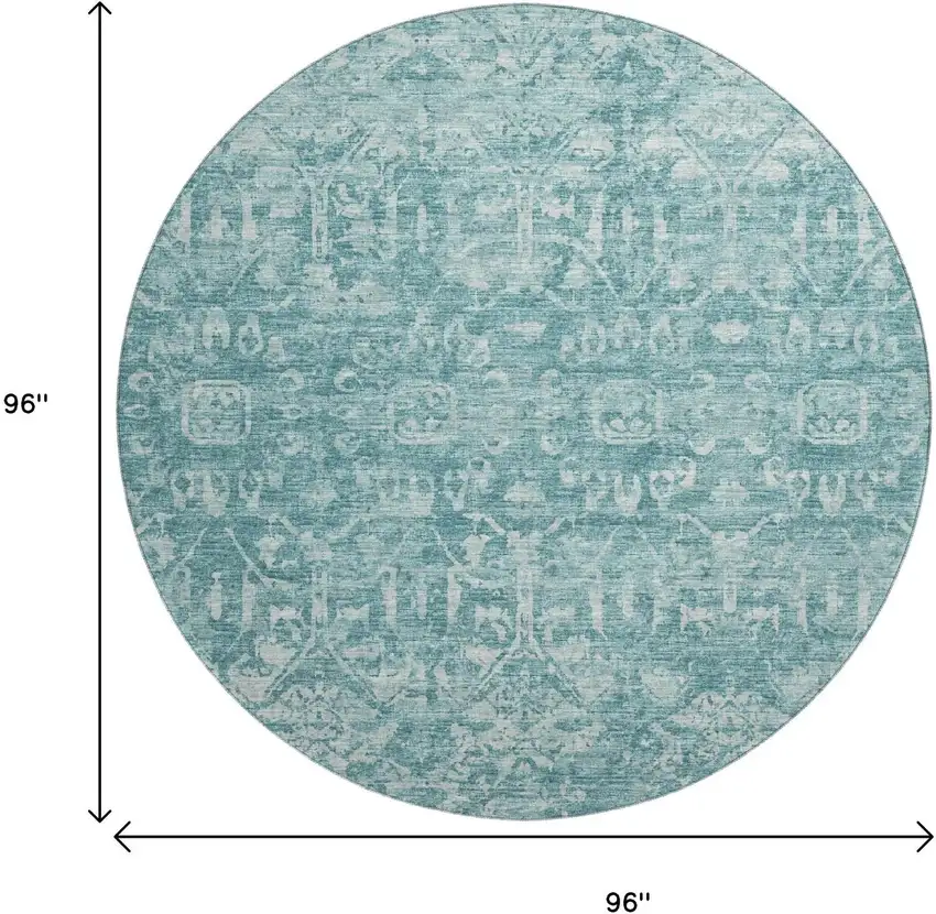 8' Blue And Ivory Round Damask Washable Indoor Outdoor Area Rug Photo 3