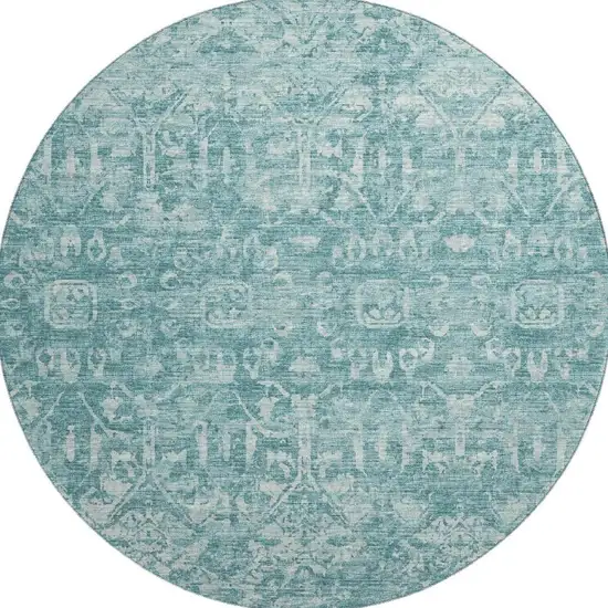 8' Blue And Ivory Round Damask Washable Indoor Outdoor Area Rug Photo 4