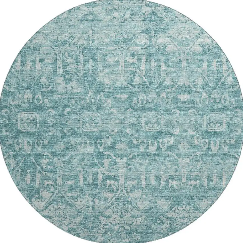 8' Blue And Ivory Round Damask Washable Indoor Outdoor Area Rug Photo 4