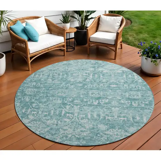 8' Blue And Ivory Round Damask Washable Indoor Outdoor Area Rug Photo 1