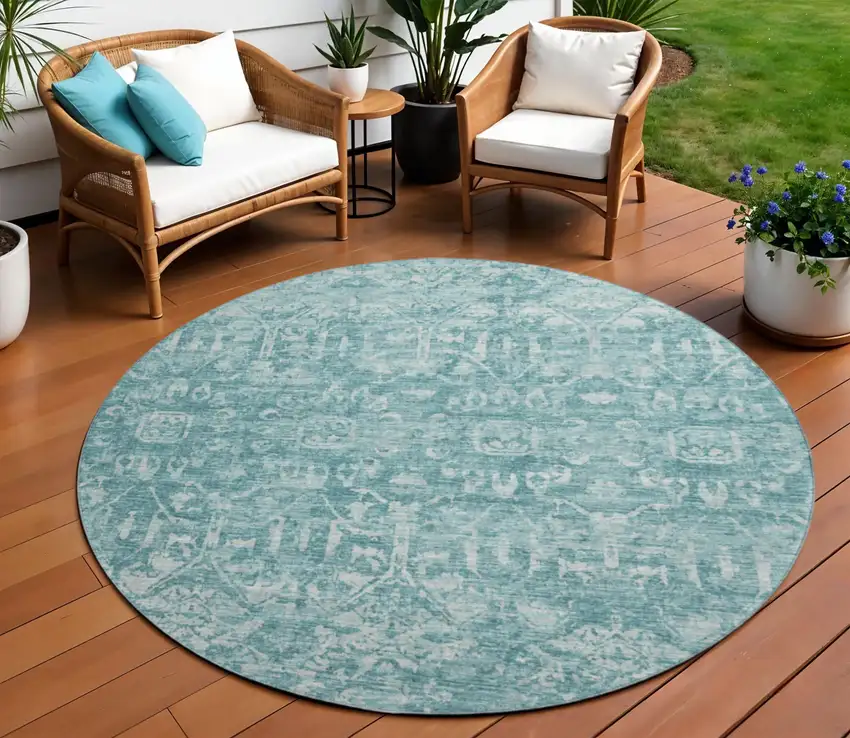 8' Blue And Ivory Round Damask Washable Indoor Outdoor Area Rug Photo 1