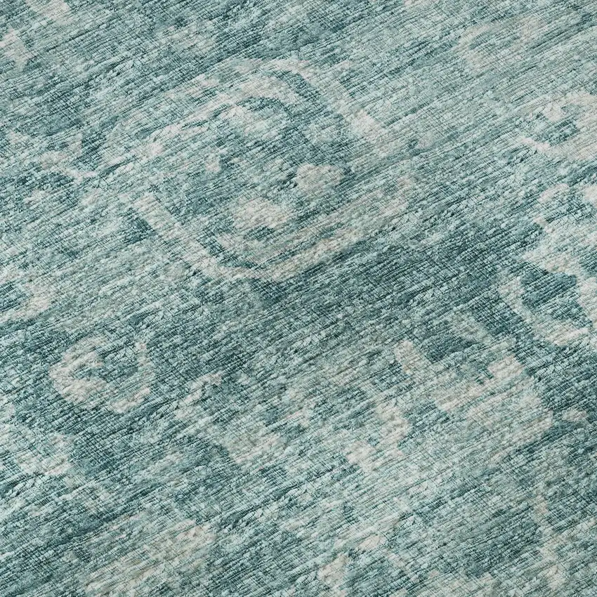 8' Blue And Ivory Round Damask Washable Indoor Outdoor Area Rug Photo 8