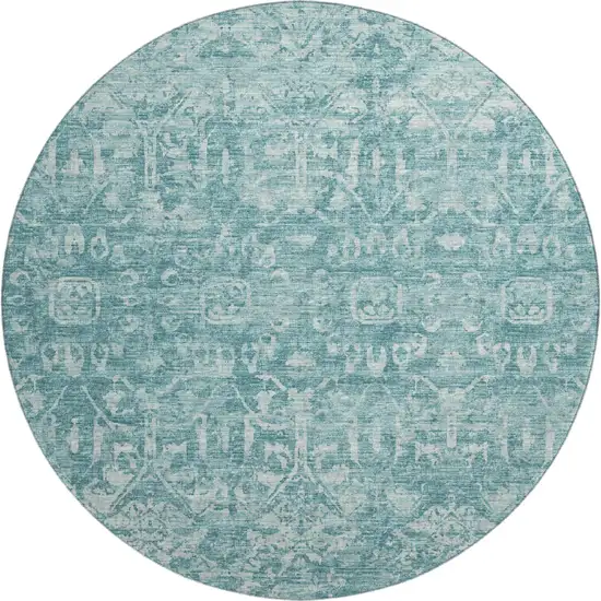 8' Blue And Ivory Round Damask Washable Indoor Outdoor Area Rug Photo 2