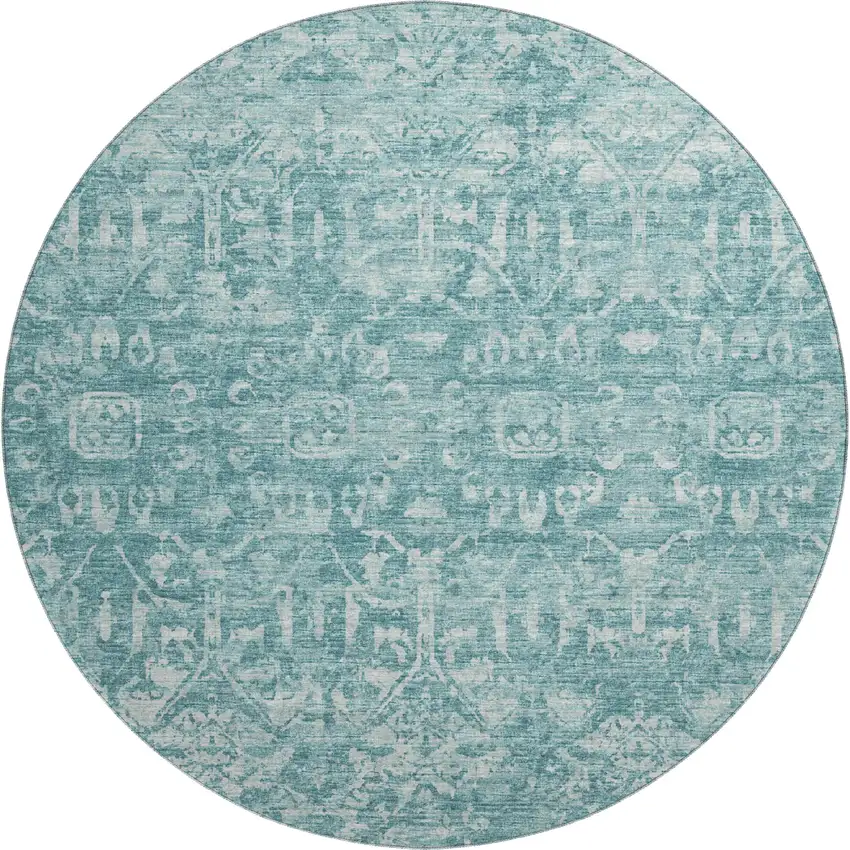 8' Blue And Ivory Round Damask Washable Indoor Outdoor Area Rug Photo 2