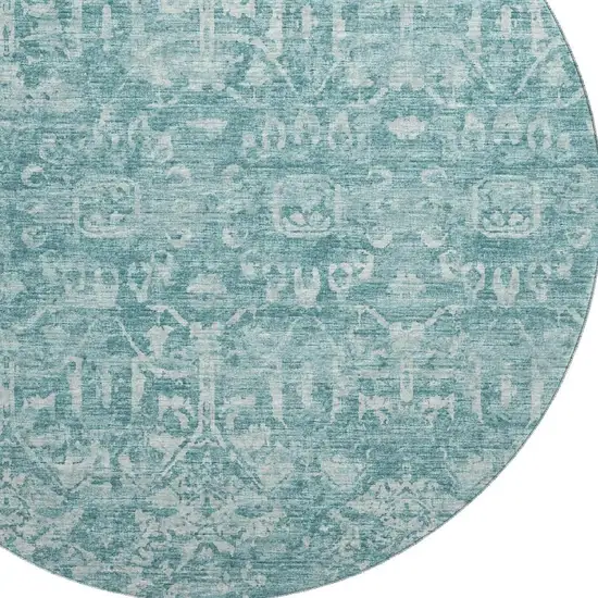 8' Blue And Ivory Round Damask Washable Indoor Outdoor Area Rug Photo 6