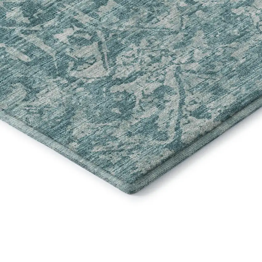 8' Blue And Ivory Round Damask Washable Indoor Outdoor Area Rug Photo 5