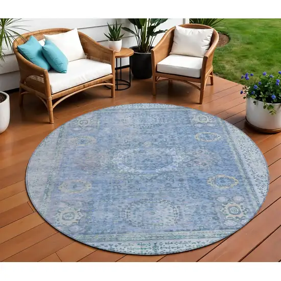 8' Blue And Ivory Round Floral Medallion Washable Indoor Outdoor Area Rug Photo 2