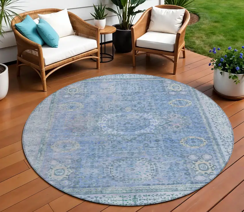 8' Blue And Ivory Round Floral Medallion Washable Indoor Outdoor Area Rug Photo 2