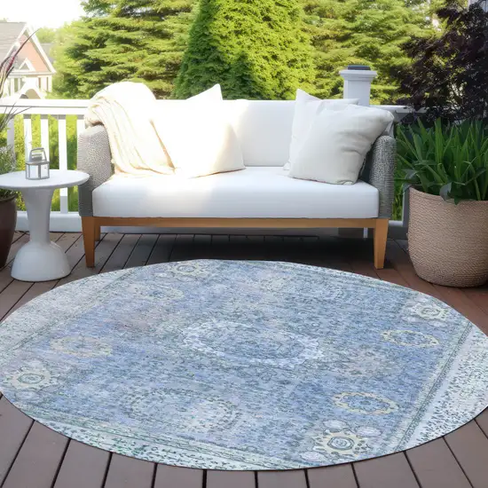 8' Blue And Ivory Round Floral Medallion Washable Indoor Outdoor Area Rug Photo 5