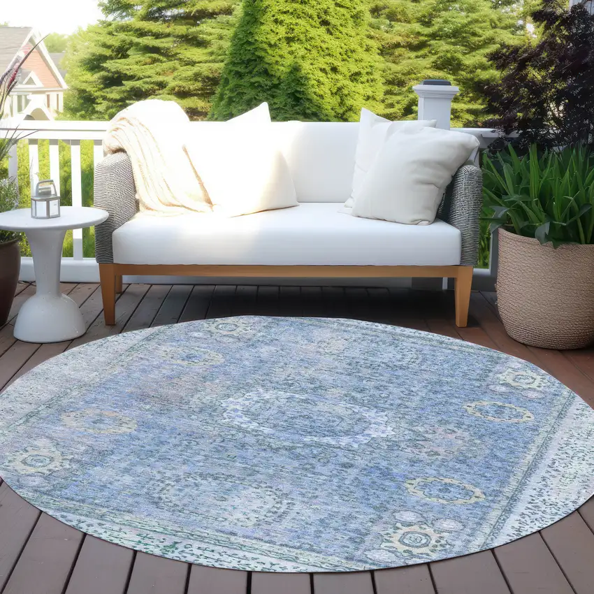 8' Blue And Ivory Round Floral Medallion Washable Indoor Outdoor Area Rug Photo 5