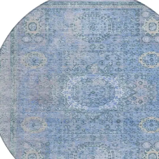 8' Blue And Ivory Round Floral Medallion Washable Indoor Outdoor Area Rug Photo 4