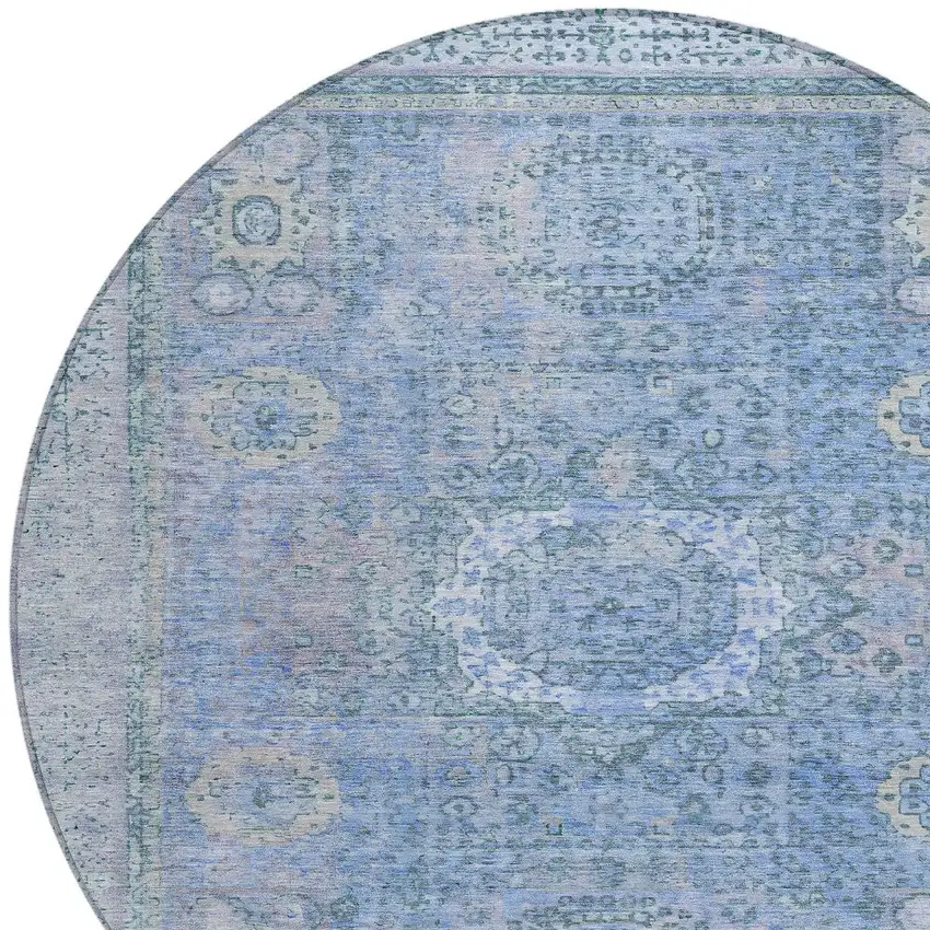 8' Blue And Ivory Round Floral Medallion Washable Indoor Outdoor Area Rug Photo 9