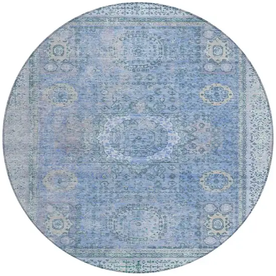 8' Blue And Ivory Round Floral Medallion Washable Indoor Outdoor Area Rug Photo 3