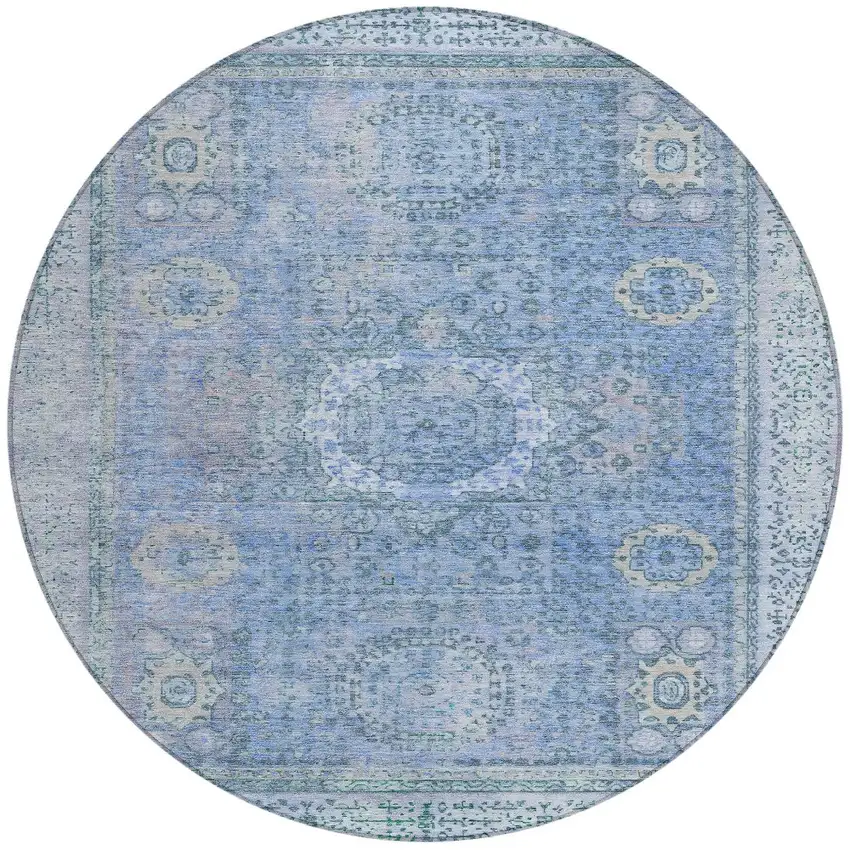8' Blue And Ivory Round Floral Medallion Washable Indoor Outdoor Area Rug Photo 3