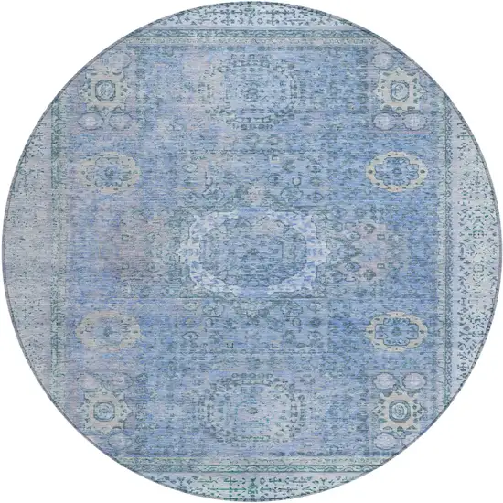 8' Blue And Ivory Round Floral Medallion Washable Indoor Outdoor Area Rug Photo 1