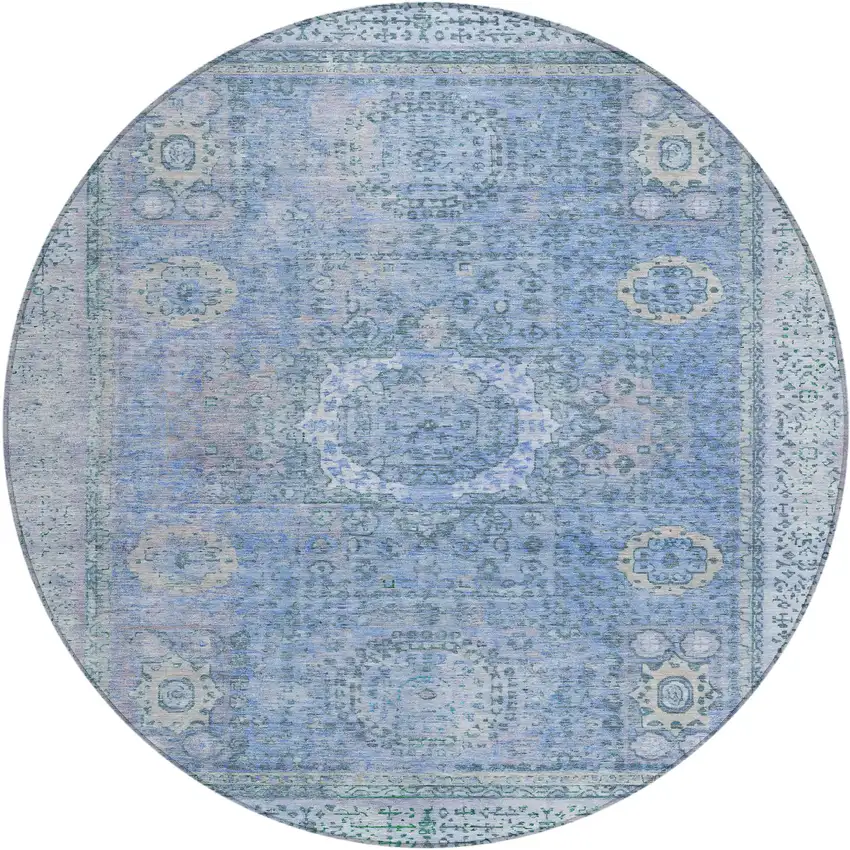 8' Blue And Ivory Round Floral Medallion Washable Indoor Outdoor Area Rug Photo 1