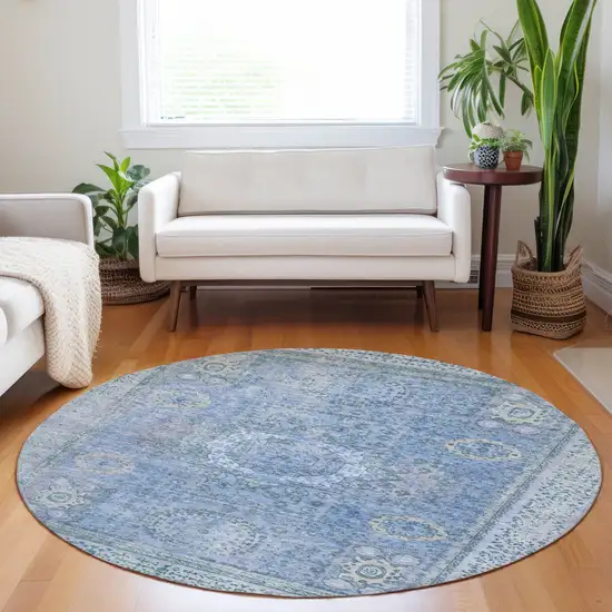 8' Blue And Ivory Round Floral Medallion Washable Indoor Outdoor Area Rug Photo 6