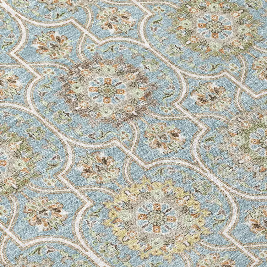 8' Blue And Ivory Round Floral Medallion Washable Indoor Outdoor Area Rug Photo 7