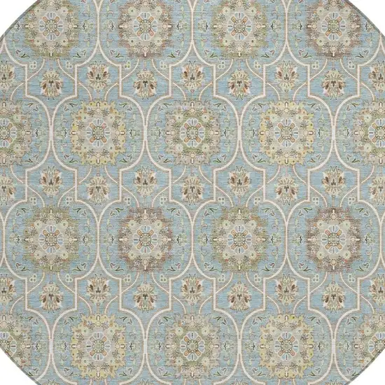 8' Blue And Ivory Round Floral Medallion Washable Indoor Outdoor Area Rug Photo 5