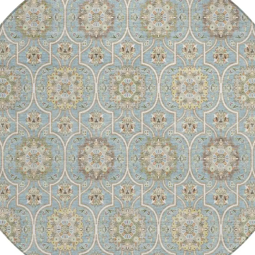 8' Blue And Ivory Round Floral Medallion Washable Indoor Outdoor Area Rug Photo 5