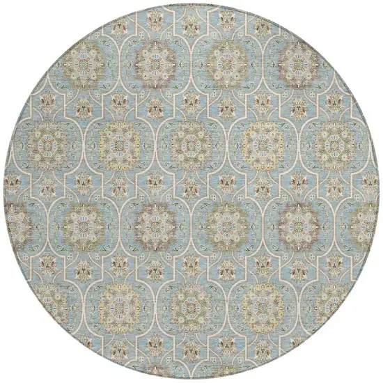8' Blue And Ivory Round Floral Medallion Washable Indoor Outdoor Area Rug Photo 3