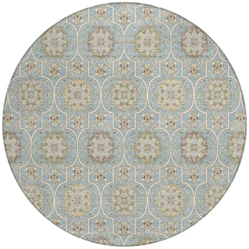 8' Blue And Ivory Round Floral Medallion Washable Indoor Outdoor Area Rug Photo 3
