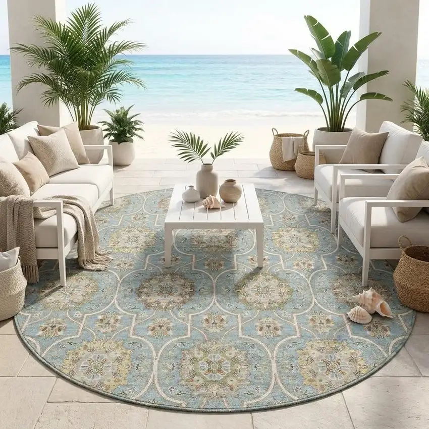 8' Blue And Ivory Round Floral Medallion Washable Indoor Outdoor Area Rug Photo 1