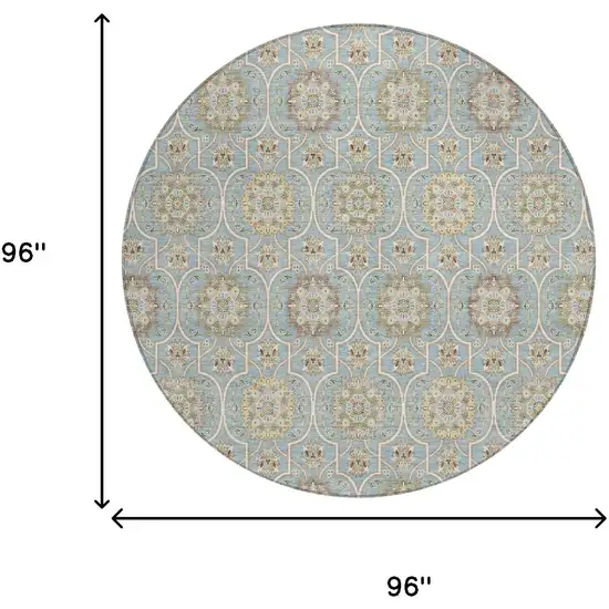 8' Blue And Ivory Round Floral Medallion Washable Indoor Outdoor Area Rug Photo 8
