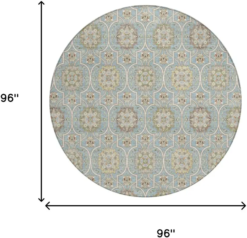 8' Blue And Ivory Round Floral Medallion Washable Indoor Outdoor Area Rug Photo 8