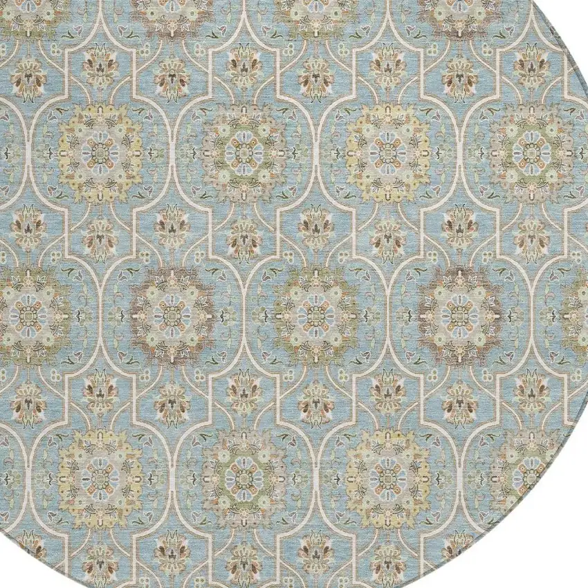 8' Blue And Ivory Round Floral Medallion Washable Indoor Outdoor Area Rug Photo 4