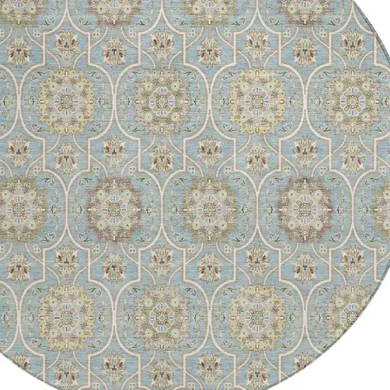8' Blue And Ivory Round Floral Medallion Washable Indoor Outdoor Area Rug Photo 4