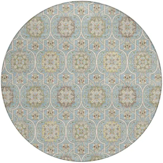 8' Blue And Ivory Round Floral Medallion Washable Indoor Outdoor Area Rug Photo 2