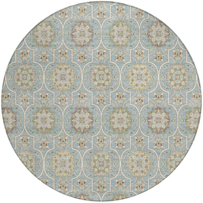 8' Blue And Ivory Round Floral Medallion Washable Indoor Outdoor Area Rug Photo 2