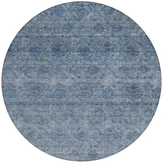 8' Blue And Ivory Round Floral Washable Indoor Outdoor Area Rug Photo 5