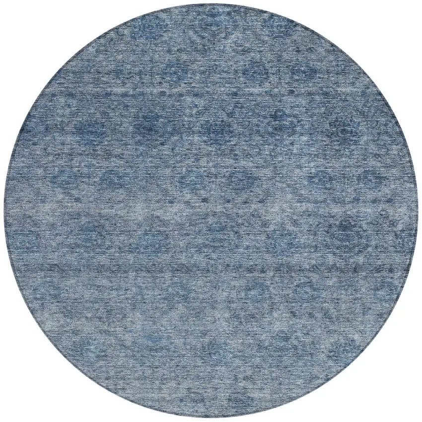 8' Blue And Ivory Round Floral Washable Indoor Outdoor Area Rug Photo 5