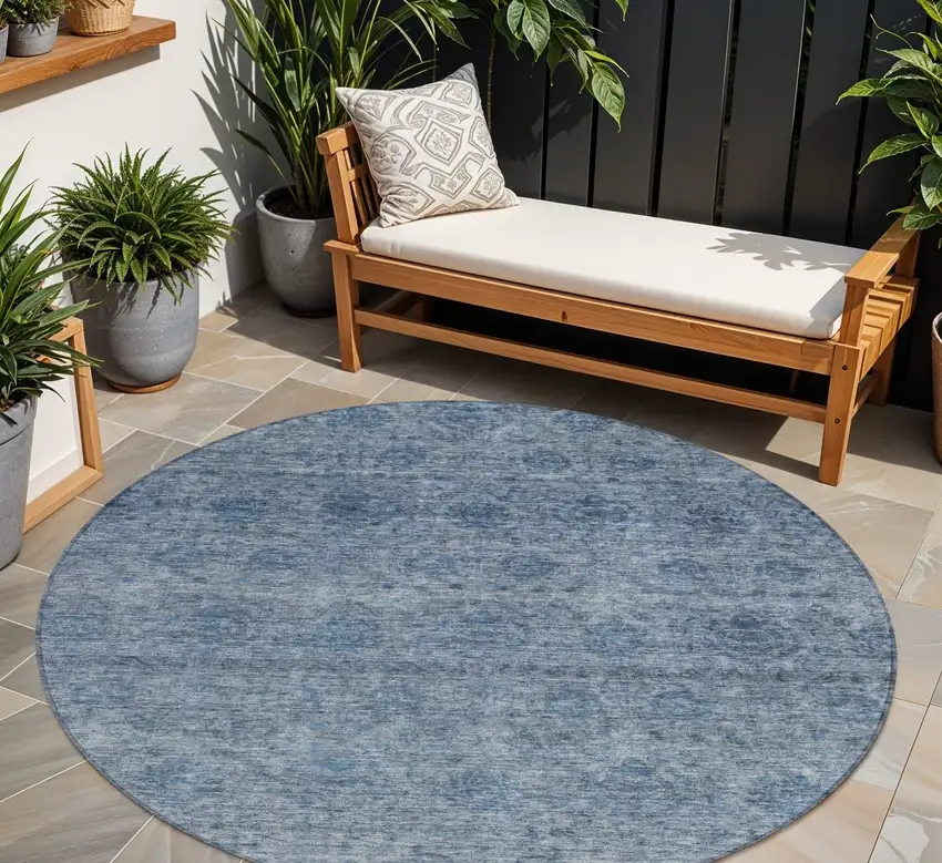 8' Blue And Ivory Round Floral Washable Indoor Outdoor Area Rug Photo 1