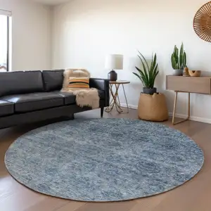 Photo of 8' Blue And Ivory Round Floral Washable Indoor Outdoor Area Rug