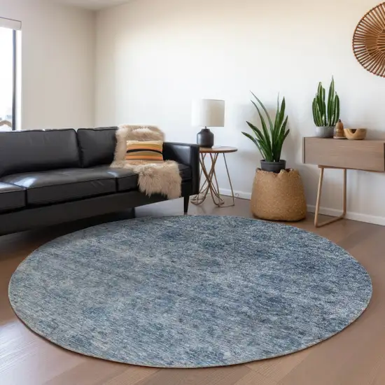 8' Blue And Ivory Round Floral Washable Indoor Outdoor Area Rug Photo 7