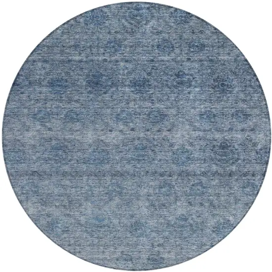 8' Blue And Ivory Round Floral Washable Indoor Outdoor Area Rug Photo 2