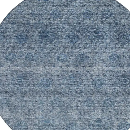 8' Blue And Ivory Round Floral Washable Indoor Outdoor Area Rug Photo 4