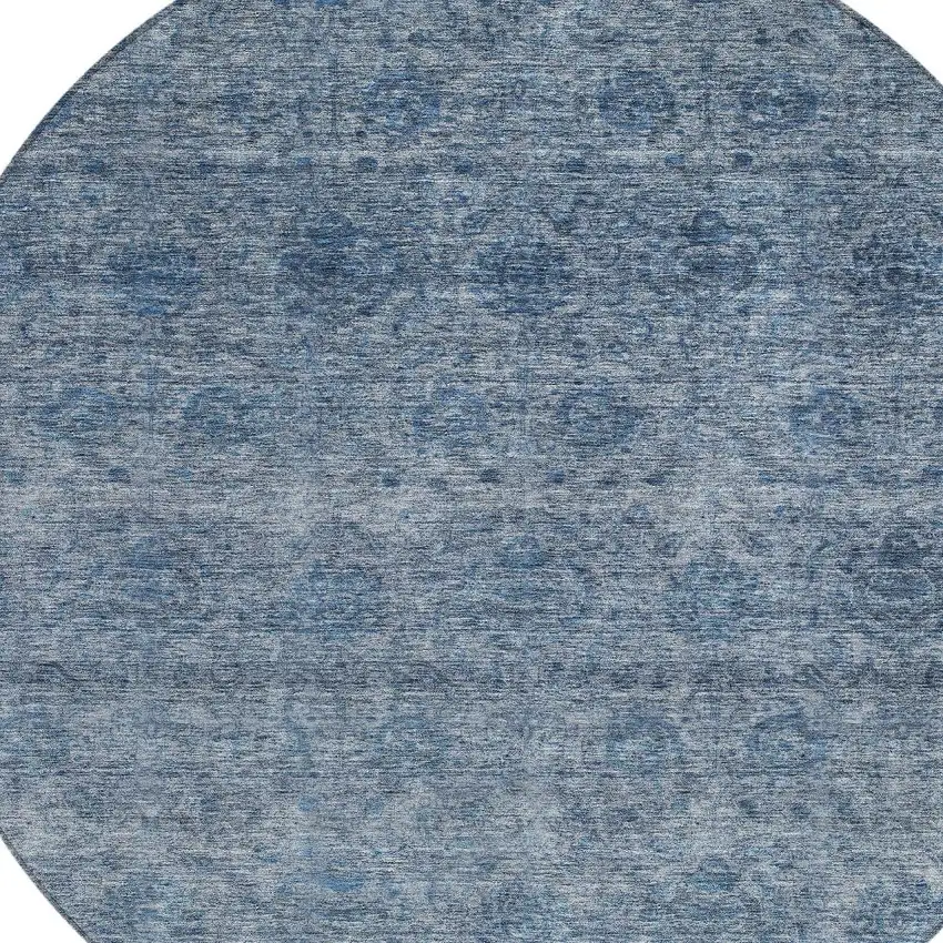8' Blue And Ivory Round Floral Washable Indoor Outdoor Area Rug Photo 4